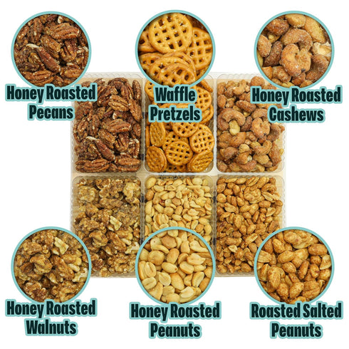 6-Compartment Honey Roasted Mixed Nuts Gift Basket Pecans, Walnuts, Cashews & Peanuts and Pretzel in Mini Bags, Wooden