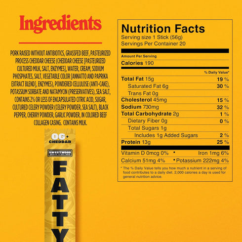 13g 2 oz. (Pack 20) FATTY Meat Sticks, High Protein, Made with Grass Fed Beef, Pork Raised Without Antibiotics, Protein