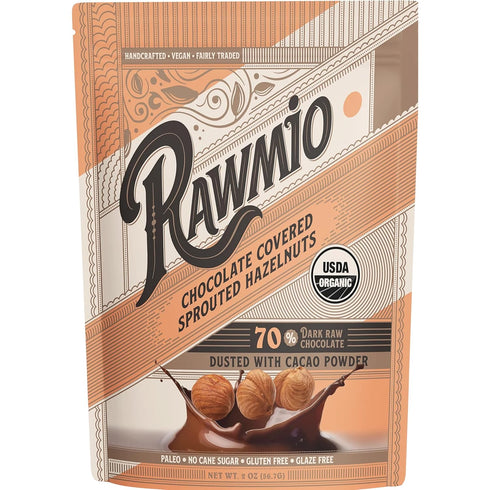 Rawmio Chocolate Covered Sprouted Hazelnuts - Organic, Raw, Vegan, 70% Dark Chocolate,