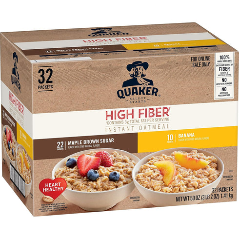 Quaker Instant Oatmeal, High Fiber 2 Flavor Variety (32 Pack)