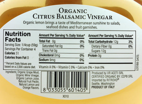 RITROVO SELECTIONS 6.78fl.oz. (200ml) Organic Balsamic Vinegar (Citrus)