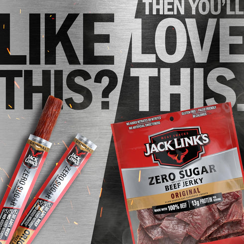 0.92 oz 5g 100% Beef,(Pack 40) Jack Link's Original Zero Sugar Beef Sticks - Meat Sticks - Ready to Eat Protein Snacks