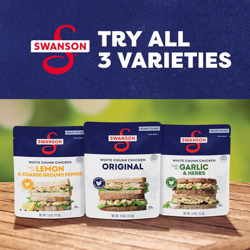 2.6 OZ Swanson Garlic and Herbs White Chunk Fully Cooked Chicken, Ready to Eat, Simple On-the-Go Meals, Pouch