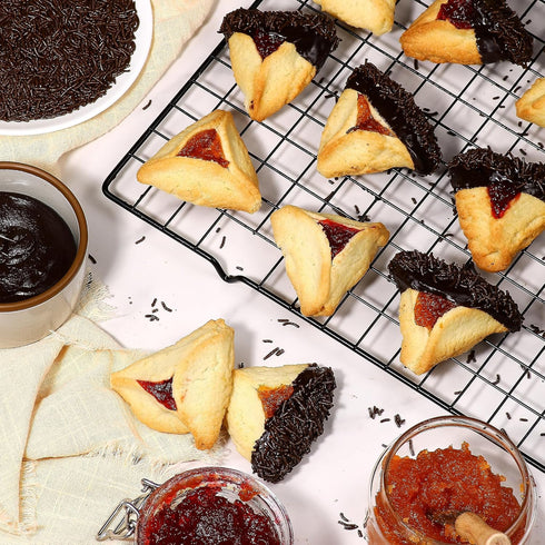 Hamentaschen Cookies | Mishloach Manot, Purim Gift Idea | Chocolate Dipped Shortbread Cookies Filled with Apricot