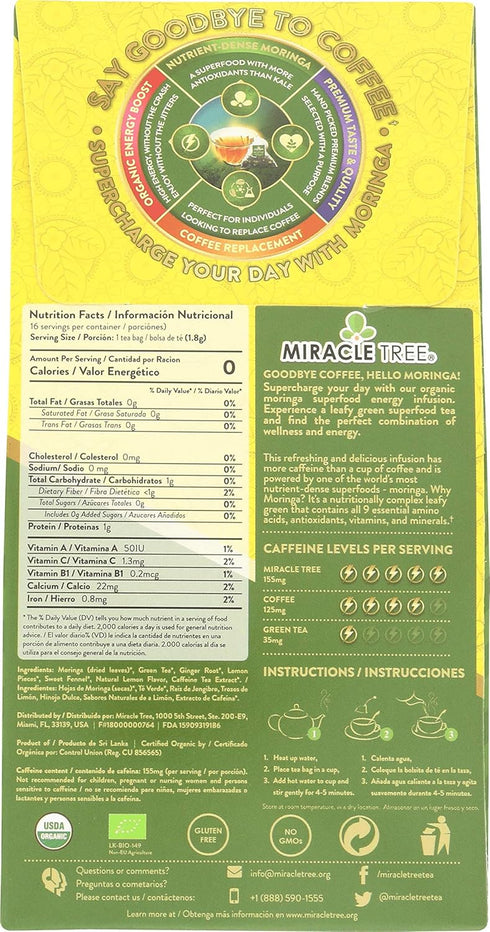 Miracle Tree's Moringa Energy Tea - Green Tea with Ginger & Lemon, Organic Certified, 16 Pyramid Sachets