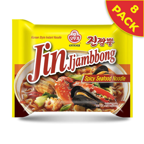 4.58 oz (Pack 8) OTTOGI JIN Jjambbong Korean Instant Ramen Spicy Seafood Noodles, Red Broth