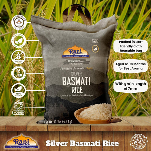 10-Pound 160oz (10lbs) 4.53kg Rani Silver White Basmati Rice Extra Long Aged Bag, ~ All Natural | Gluten Friendly |