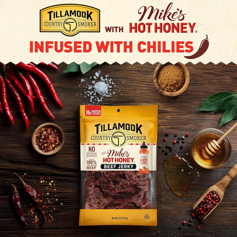 Country 6.5 Tillamook Smoker Premium Beef Jerky, Mike's Hot Honey, Ounce, Real Hardwood Smoked Beef, Low Carb, High