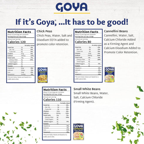 15.5 oz Goya White Bean Trio, Cannellini, Small Canned White Beans, Chick Peas, Pantry Staples for Salads, Soups