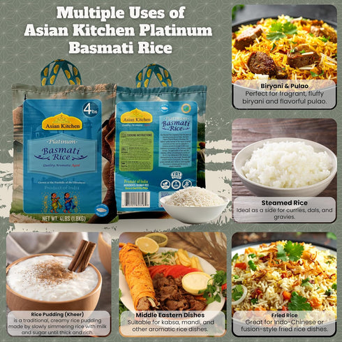 4lbs (1.81kg) Asian Kitchen Platinum White Basmati Rice Extra Long Aged ~ All Natural | Gluten Friendly | Vegan |
