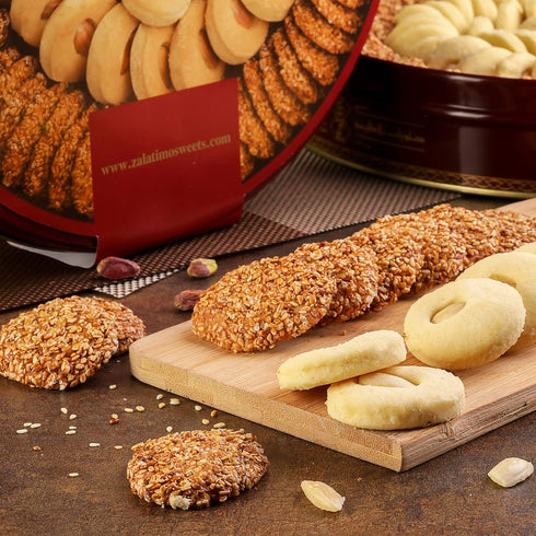 1860, 100% 1.65Lbs Zalatimo Sweets Since All-Natural Sesame & Butter Shortbread Cookies, Round Gift Tin, Slightly Sweet