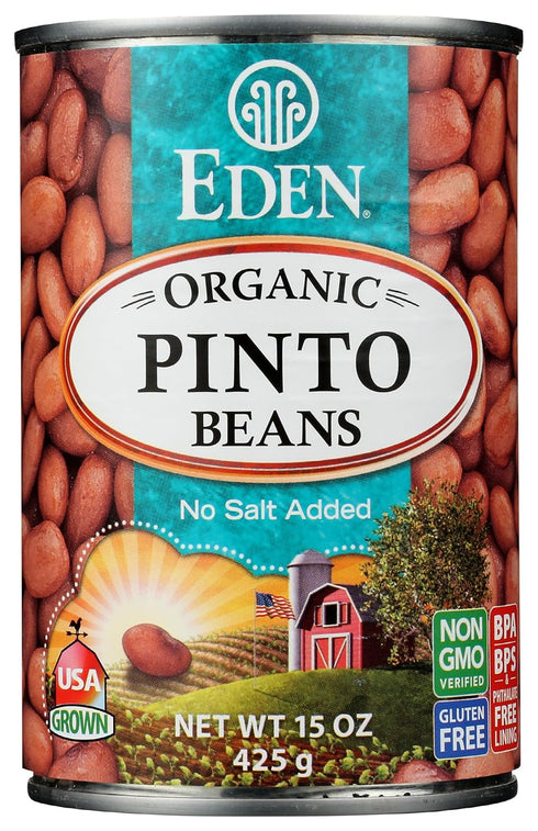 15 oz Eden Organic Pinto Beans, Can, No Salt, Non-GMO, Gluten Free, Vegan, Kosher, U.S. Grown, Heat and Serve