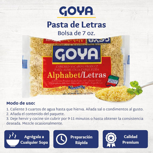 7oz Alphabet Pasta by Goya, Fun Pasta Noodles for Soups, Stews, and Side Dishes, Mexican Noodles, Bag