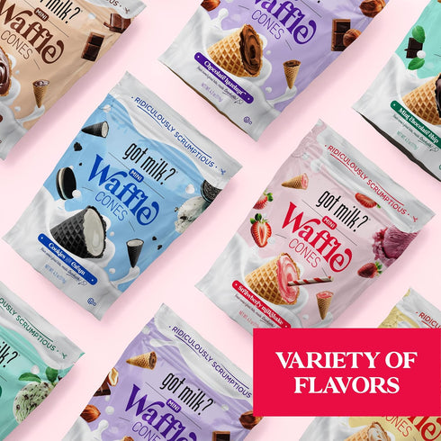 4.24 Oz. Pack got milk? Mini Waffle Cones, Strawberry Milkshake, Resealable Bag, Delicious White Chocolate Filled Cocoa