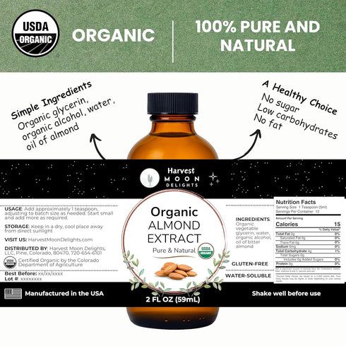 2 Oz Organic Almond Extract for Baking, Drinks, Ice Cream and Candy - - Harvest Moon Delights - Almond Flavoring