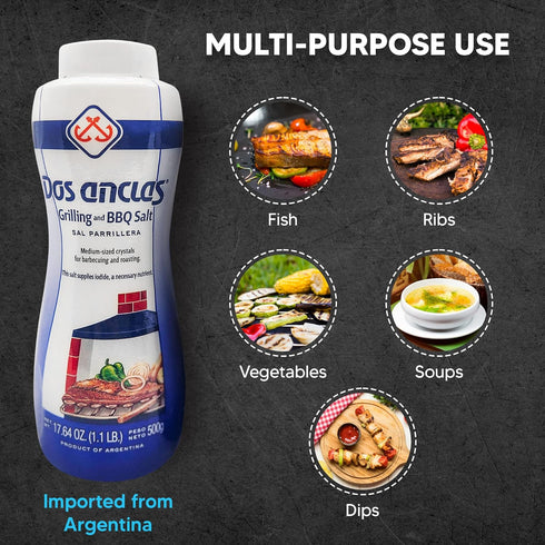 2 Pack, 17.64 Oz (1.1 LB) Dos Anclas Sal Parrillera Rock Salt for Grilling and BBQ, Refined Medium Grain Salt for Meat