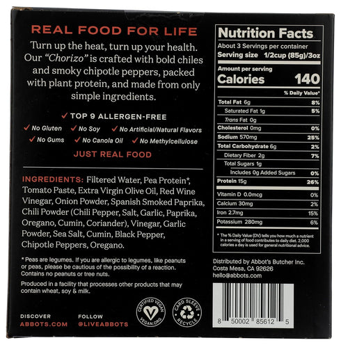 abbot's Vegan Chorizo - Plant-Based, Gluten-Free, High-Protein Delight