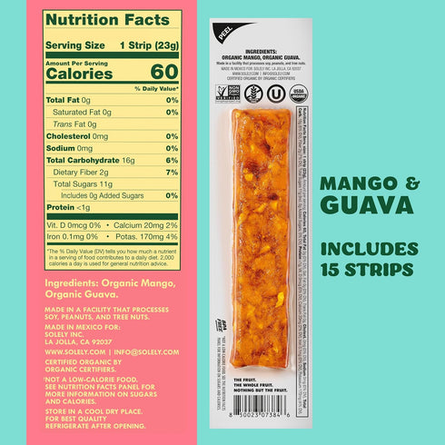 15 0.8oz (23g) SOLELY - Organic Mango Guava Fruit Jerky - Individually Wrapped Strips - Fruit Leather Made from Dried