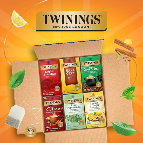 Pack 25 Count (Pack 6) 150 Twinings Variety Tea Bags, of Includes English Breakfast, Earl Grey, Lemon Ginger