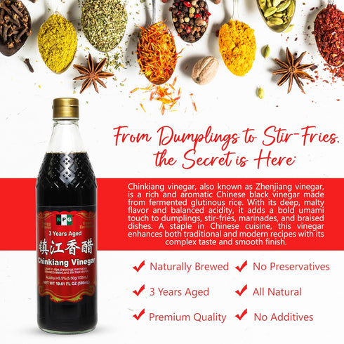 19.61 Oz (580ml), 3 NPG Chinkiang Vinegar Fl Years Aged Zhenjiang Black Rice Vinegar, Naturally Brewed Chinese Black