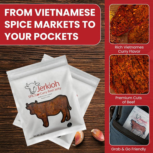 Pack, 10 oz Jerkioh Spicy Curry Premium Beef Jerky Authentic Vietnamese Street Food Flavor with Chili Heat | Gourmet