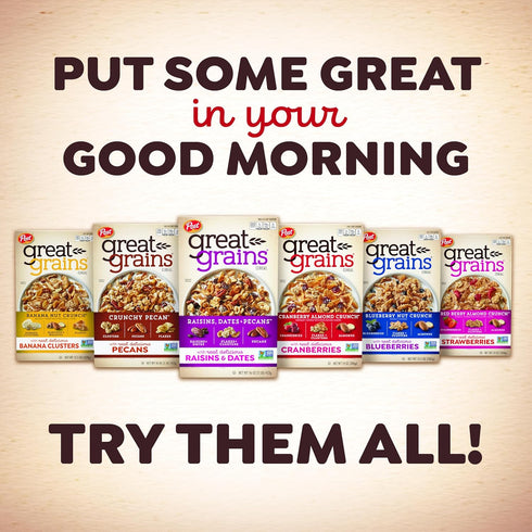 Great Grains 19 oz Raisins, Dates & Pecans Breakfast Cereal for Adults, Crunchy Clusters with Dried Fruit and Nuts