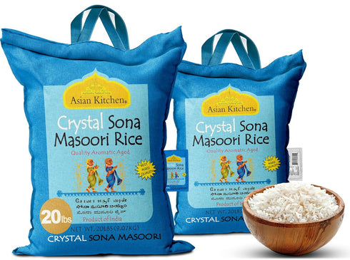 20-Pound 20lbs (9.08kg) Asian Kitchen Crystal Sona Masoori Aged Rice Bag, Short Grain Rice ~ All Natural | Gluten