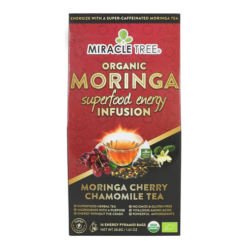 Miracle Tree's Moringa Energy Tea, Cherry Chamomile Tea, Super Caffeinated Blend, Organic Certified, 16 Pyramid Sachets