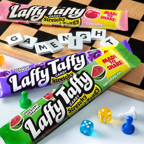 1.5 (Pack 24) Laffy Taffy Stretchy & Tangy Variety Candy Box, Grape, Watermelon, and Cherry Flavors, Ounce Bars