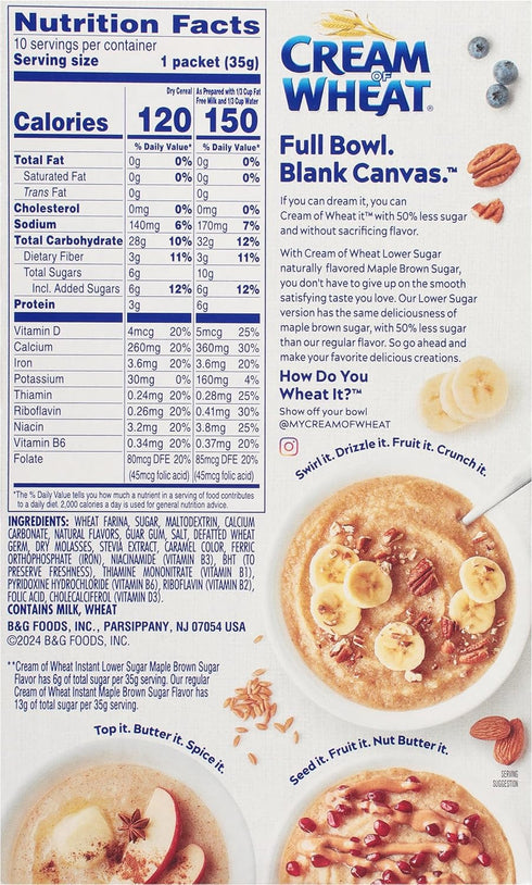 Cream of Wheat 1.23 10 Packets (Pack 6) Instant Lower Sugar Maple Brown Sugar, Ounce