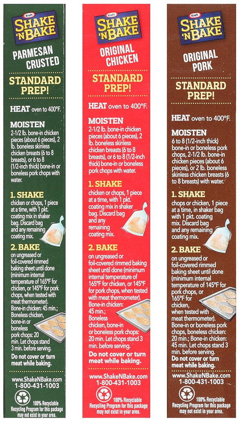 (1) 5oz, (1) 4.5oz, (1) 4.75oz (3 Pack Shake N Bake Variety Bundle: Original Pork Original Chicken and Parmesan Crusted