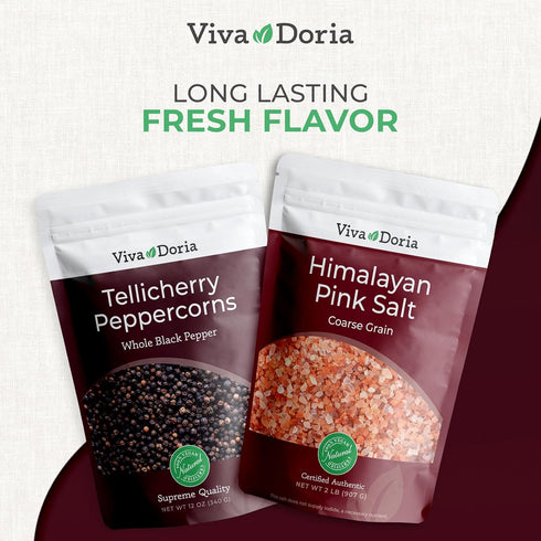 12 oz 2 lb 2 Set Viva Doria Tellicherry Whole Black Peppercorns, & Himalayan Pink Salt, Coarse Grain, | Salt and Pepper