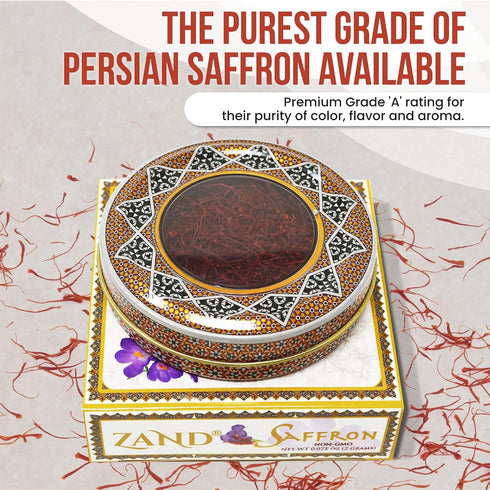 Zand Persian Saffron Threads, 2 Grams Premium Grade A Organic Pure Saffron in Decorative Tin
