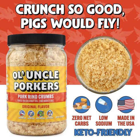 12 oz Ol' Uncle Porkers Original Pork Rind Crumbs, Keto Breadcrumbs, Zero Net Carbs, High Protein, Sugar-Free