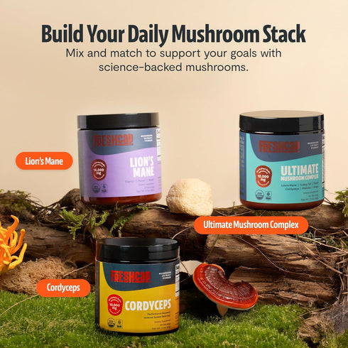 60 FreshCap Organic Mushroom Powder Supplement - Fruiting Body Extract (Cordyceps, Servings)