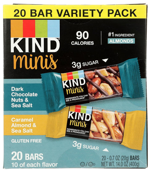 Pack, 20 Count KIND Mini Snack Bars Variety Gluten Free, Low Sugar, Low Calorie Snacks, Dark Chocolate Nuts & Sea Salt