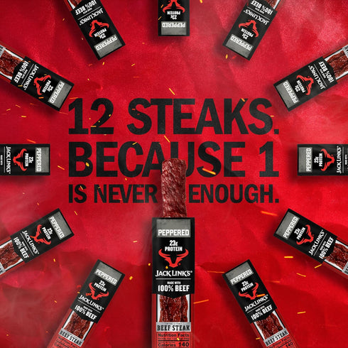 23g 100% (12 Pack) 2 oz Jack Link's Peppered Beef Steaks - Ready to Eat Real Meat Protein Snacks - Protein per Serving