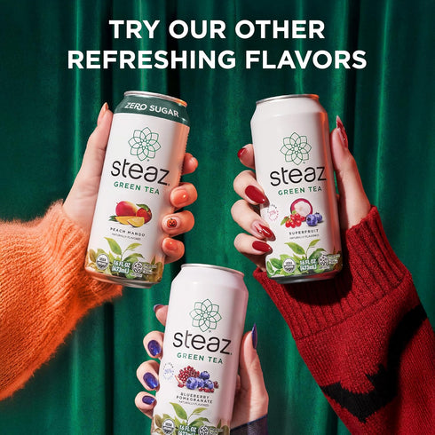 (12 Pack) 30mg 0 12 16 oz Steaz - Zero Sugar Organic Green Tea - Peach Mango Natural Caffeine, Calories, Sweetened Iced