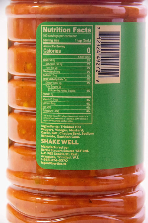 Bertie's Original Pepper Sauce, 17 Oz/500ml | Fresh Trinidad Moruga Red & Scotch Bonnet Peppers