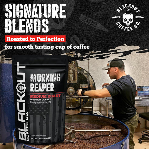 12oz Blackout Coffee Morning Reaper Ground Coffee Medium Roast, Bold & Strong Flavor Freshly Roasted Bag.