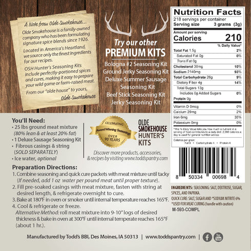 Summer 23.04). 1.38 lb. 1 oz. Hunter's Kit (Deluxe Sausage, Kit includes Seasoning, Quick Cure. Gluten free. Excellent