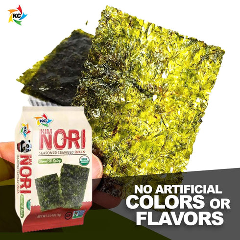 KIMNORI Organic Sweet 'N Spicy Seasoned Seaweed Snacks Sheets, 12 Individual Packs, 4g 100% Natural Laver