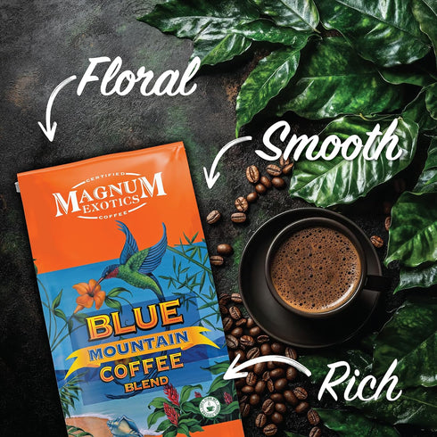100% 2 Lb Magnum Exotics Coffee, Blue Mountain Coffee Blend - Medium-Light Roast, Whole Bean, Made from Arabica Beans