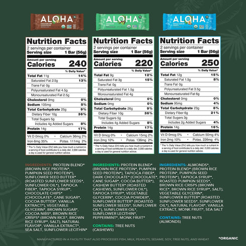 6 Pack 12 Count, 1.9oz ALOHA Organic Plant Based Protein Bars - Flavor Variety - Bars - Vegan Snacks, Low Sugar