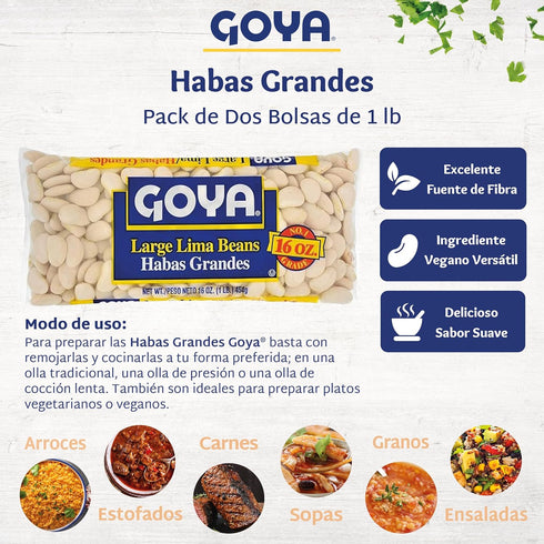 16oz. (Pack 2) Large Lima Beans by Goya, Butter Beans, Whole Dried Beans, Gigante Beans, Rich in Fiber, Nutritious