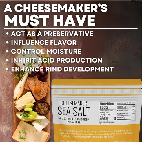 14 oz Fine Sea Salt for Homemade Cheese Making, Gluten-Free and Non-Iodized, Flaky Salt, Kosher Cheese Kit Essential