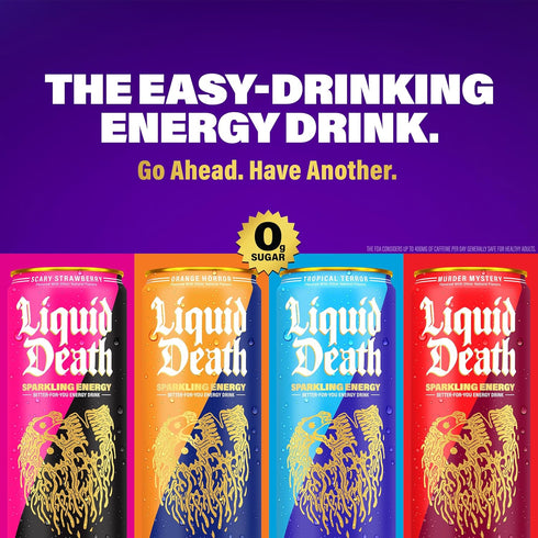 Pack, 100mg, 3 12 Oz (Pack 12) Liquid Death Sparkling Energy Variety Zero Sugar Energy Drink, Unextreme Caffeine