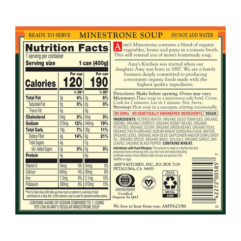 14.1 (Pack 5) Amy's Organic Soups, Light in Sodium Minestrone, Ounce