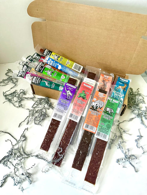 20 Buffalo Bob's Exotic Jerky Gift Box - Staff Favorite Piece Assortment: Alligator, Buffalo, Venison, Beef, Ostrich