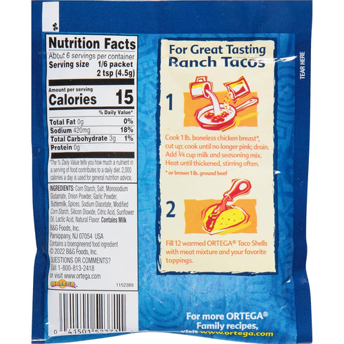 1 (Pack 12) Ortega Seasoning Mix, Ranch Taco Seasoning, Ounce